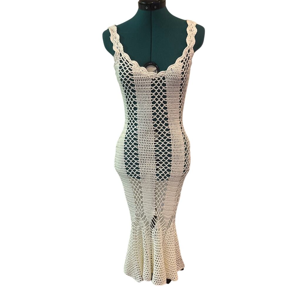 Womens Medium Rosevelvet White Crochet Knit Long Cotton Bodycon Dress EUC